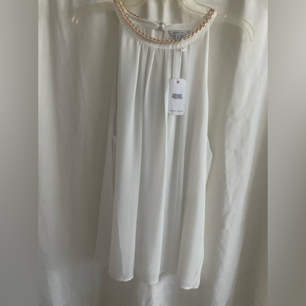 Naked Zebra Cream Blouse w Embellished Neckline SIZE L - BRAND NEW - NEVER WORN